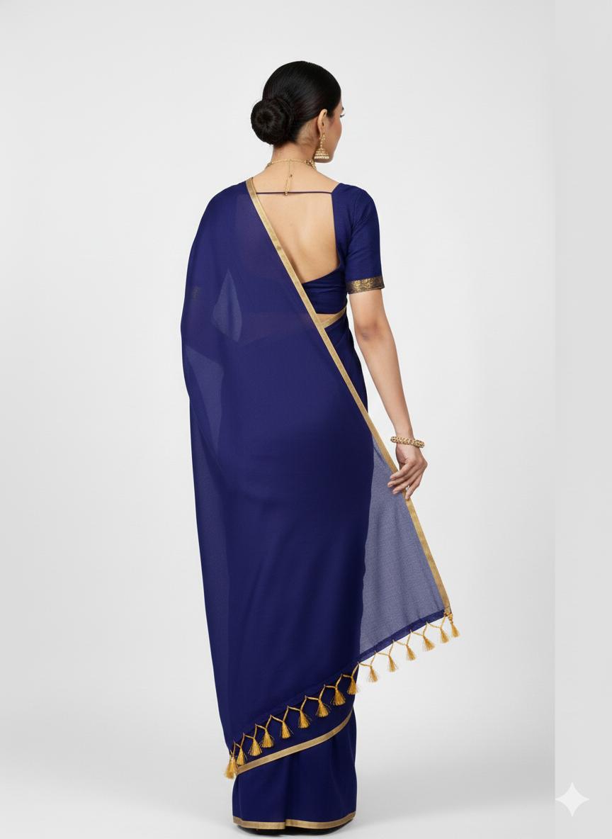 Navy blue pure handwoven khadi cotton saree with golden border and tassels