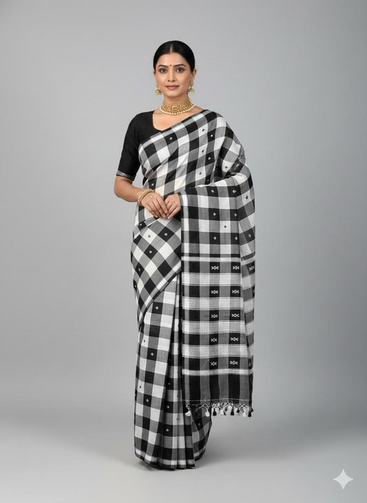 Black and white pure hand-woven tribal shantala cotton saree