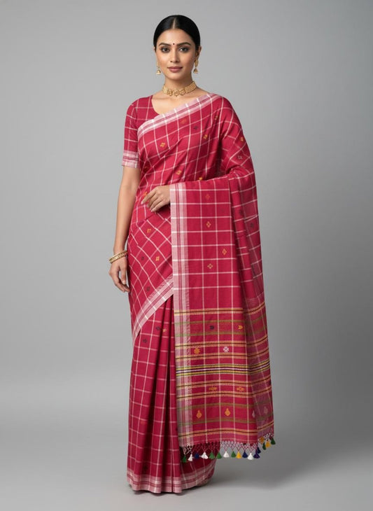 Magenta pink pure hand-woven shantala cotton saree