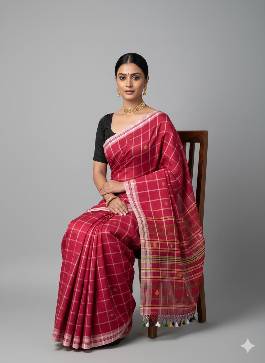 Magenta pink pure hand-woven shantala cotton saree