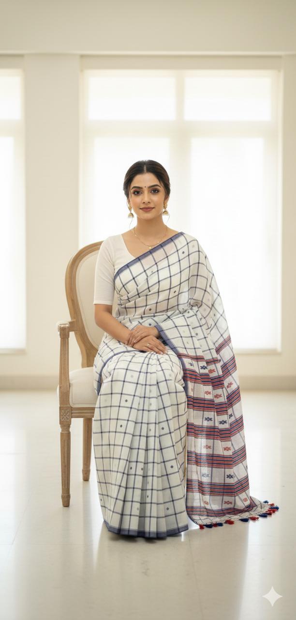 White checkered pure hand-woven tribal shantala saree