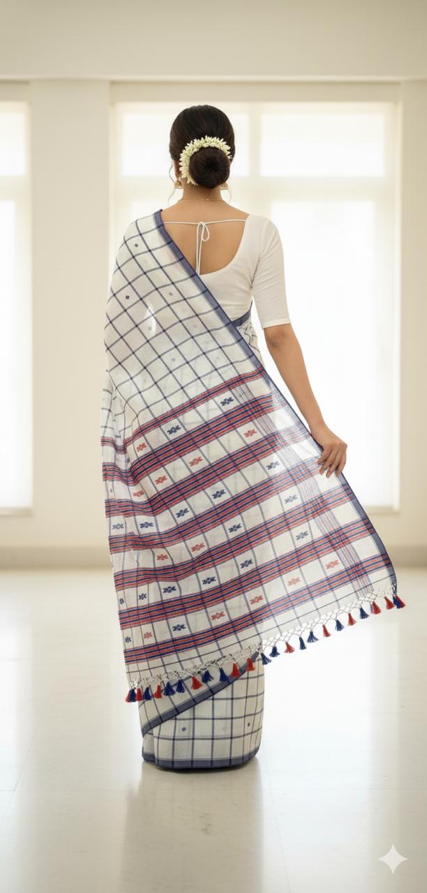 White checkered pure hand-woven tribal shantala saree
