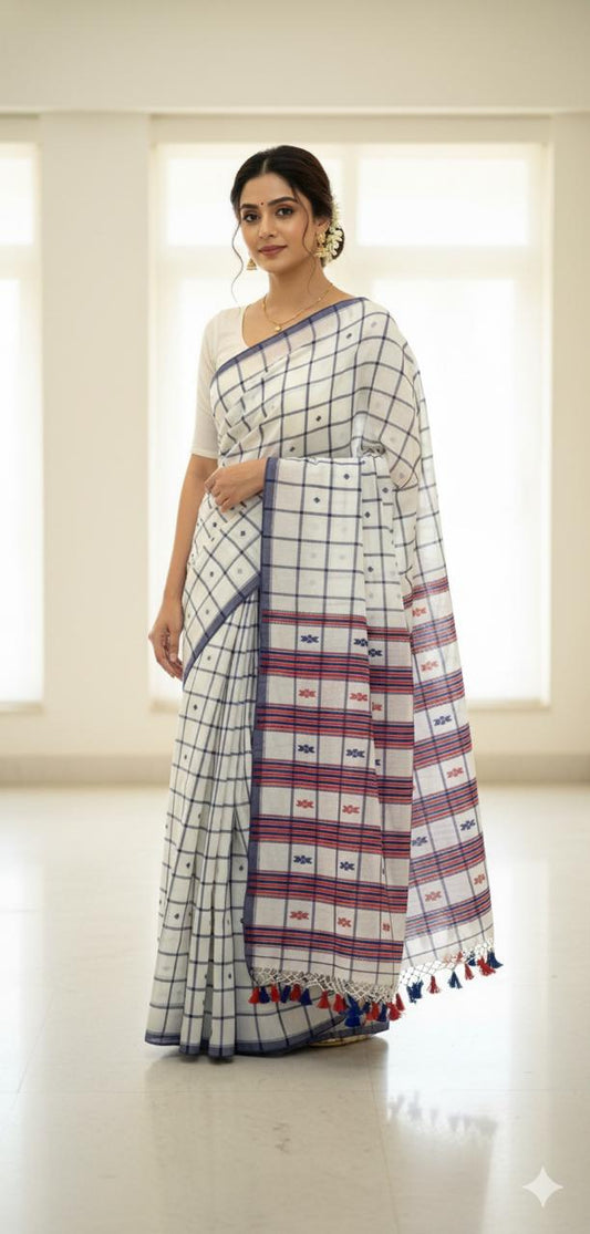 White checkered pure hand-woven tribal shantala saree