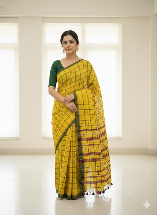 Yellow checkered pure hand-woven tribal shantala saree