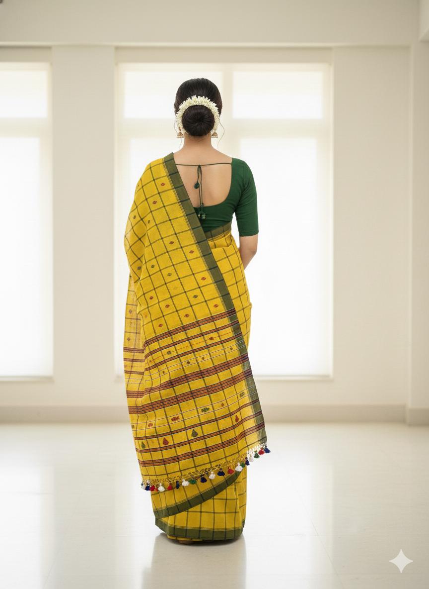 Yellow checkered pure hand-woven tribal shantala saree