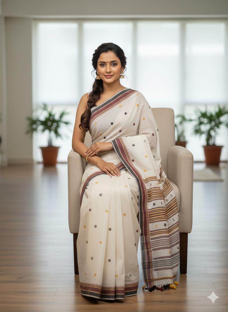 White pure hand-woven tribal shantala saree