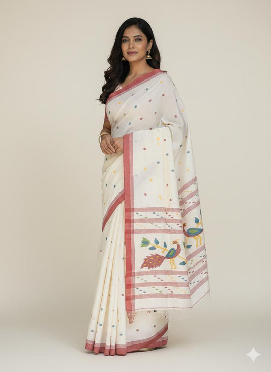 White and red pure hand-woven cotton jamdani saree