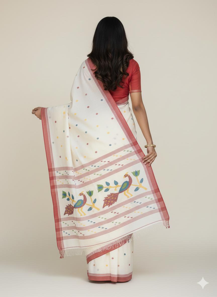 White and red pure hand-woven cotton jamdani saree