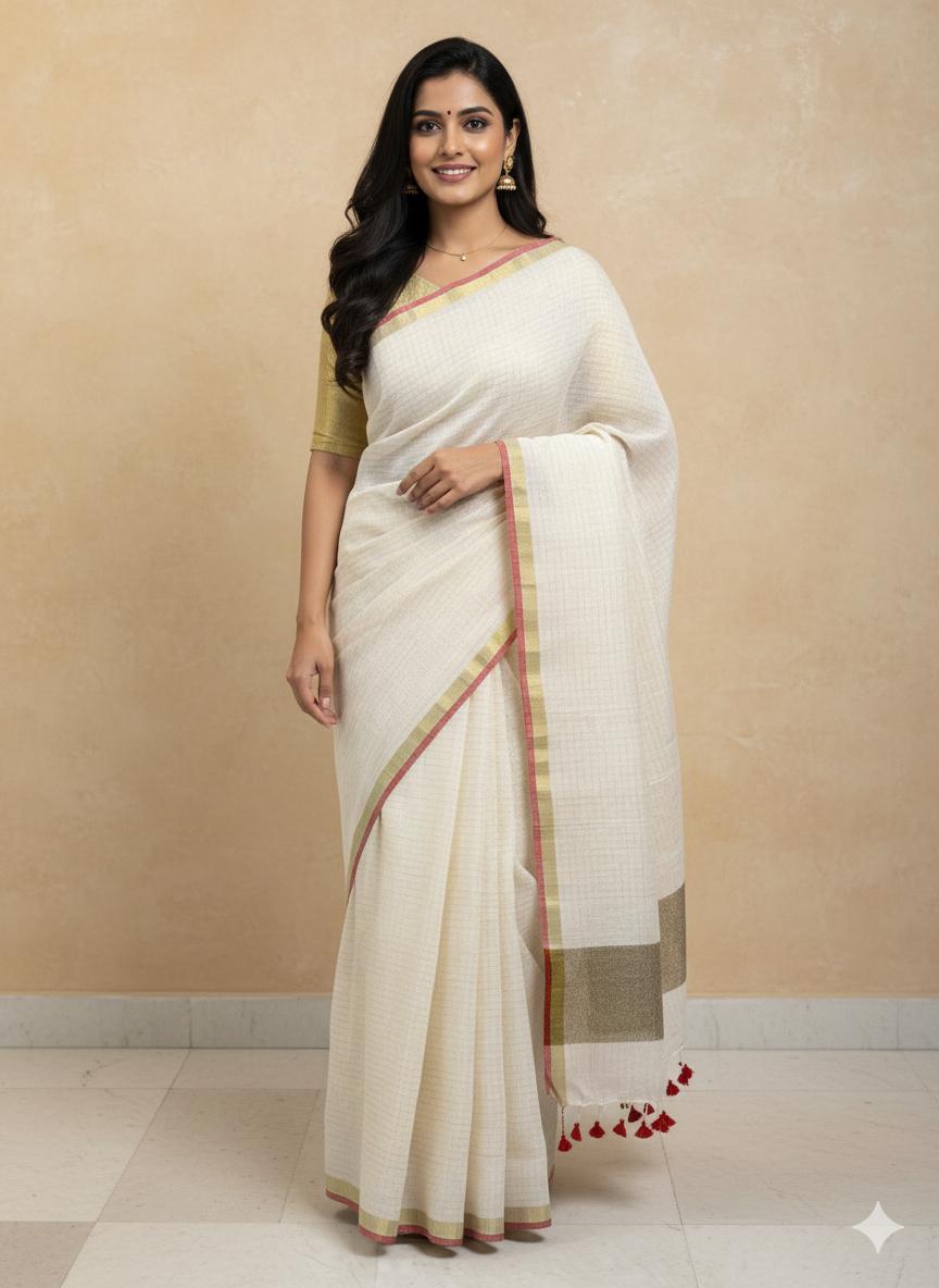 Woman wearing a white saree with gold border against a beige wall.