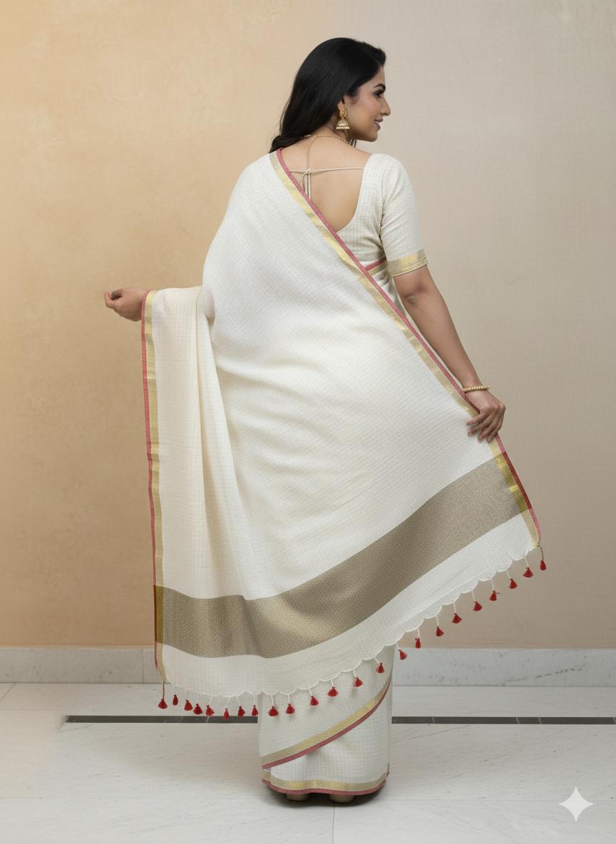 Woman wearing a white saree with a beige border and red tassels on a beige background