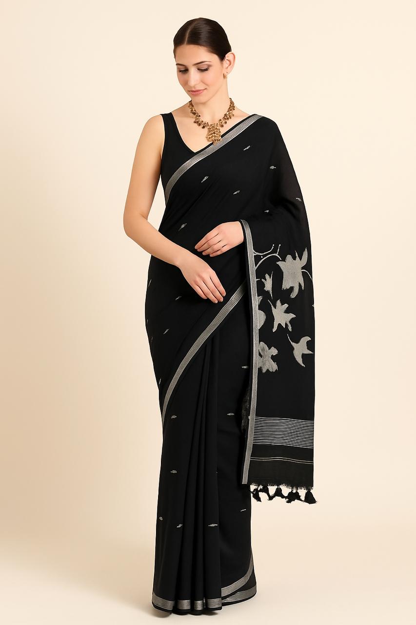 Woman wearing a black saree with white patterns on a beige background