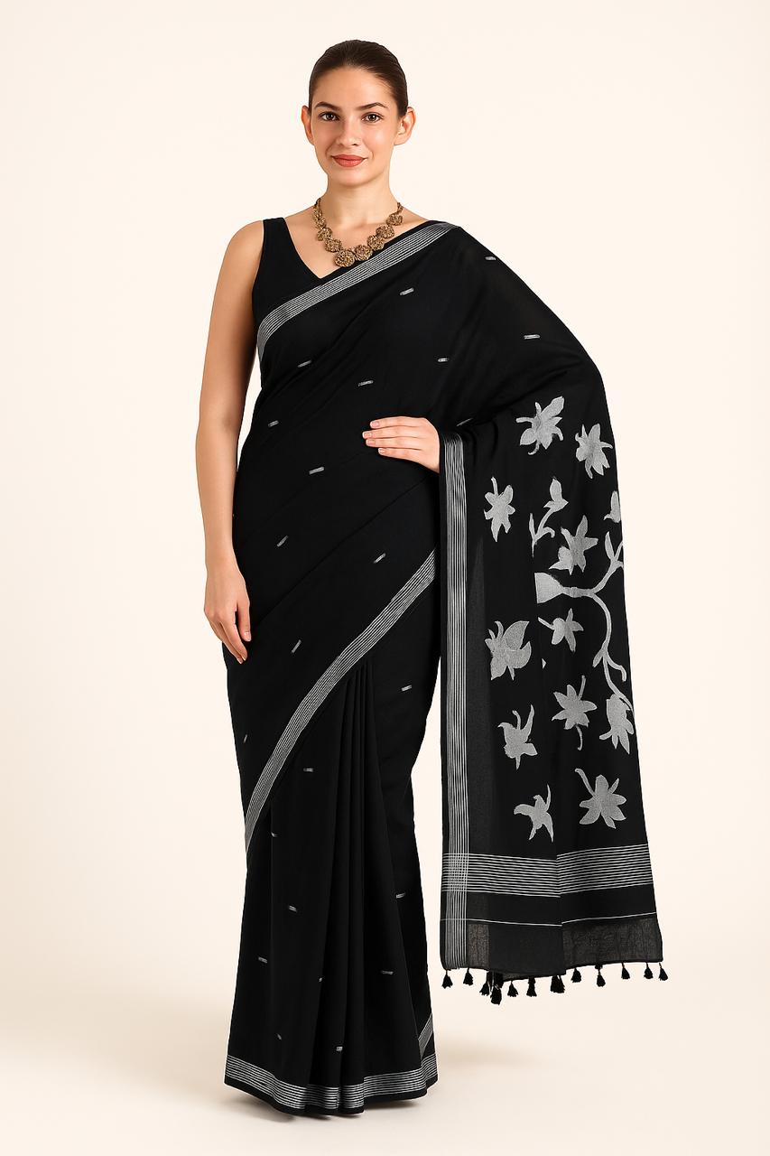 Woman wearing a black saree with white floral patterns on a beige background