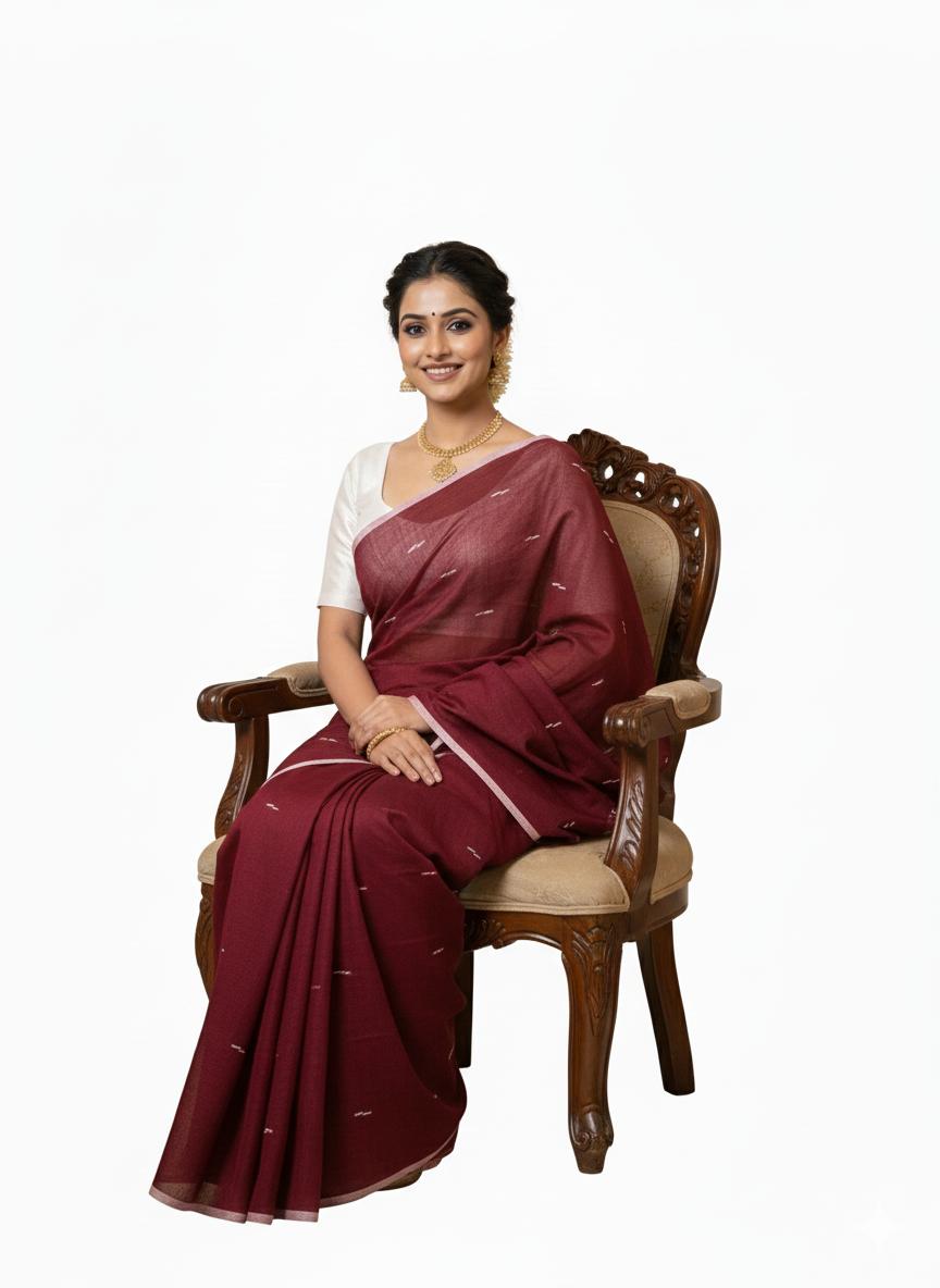 Woman in a maroon saree sitting on a wooden chair against a white background