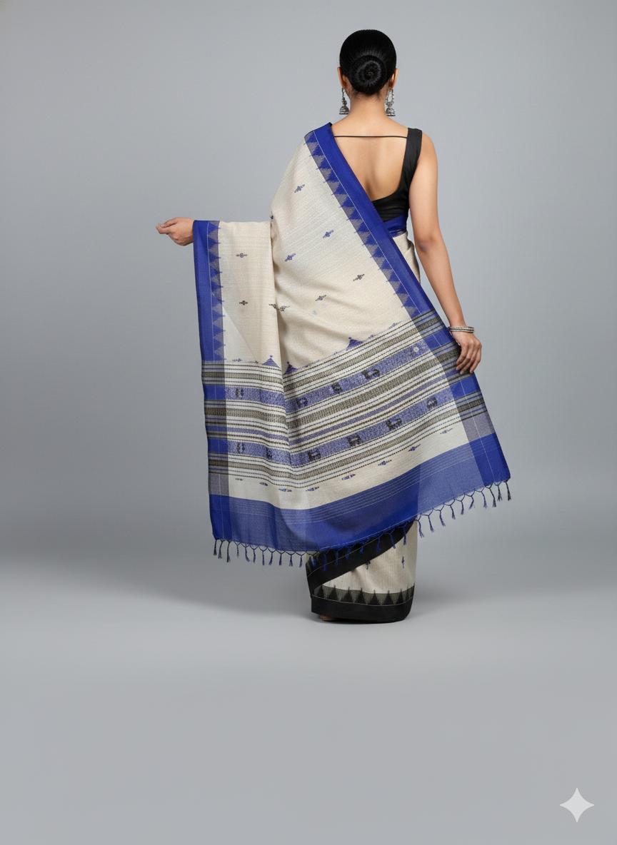 Woman wearing a traditional saree with a blue and white pattern on a gray background