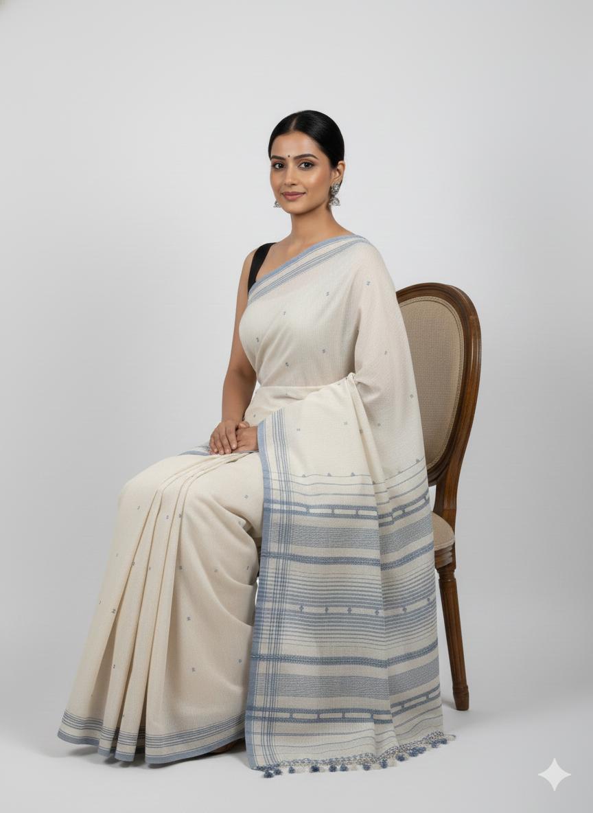 Woman wearing a traditional saree with a white and blue pattern on a chair against a white background