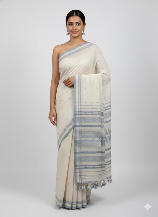 Woman wearing a white saree with blue stripes on a plain background