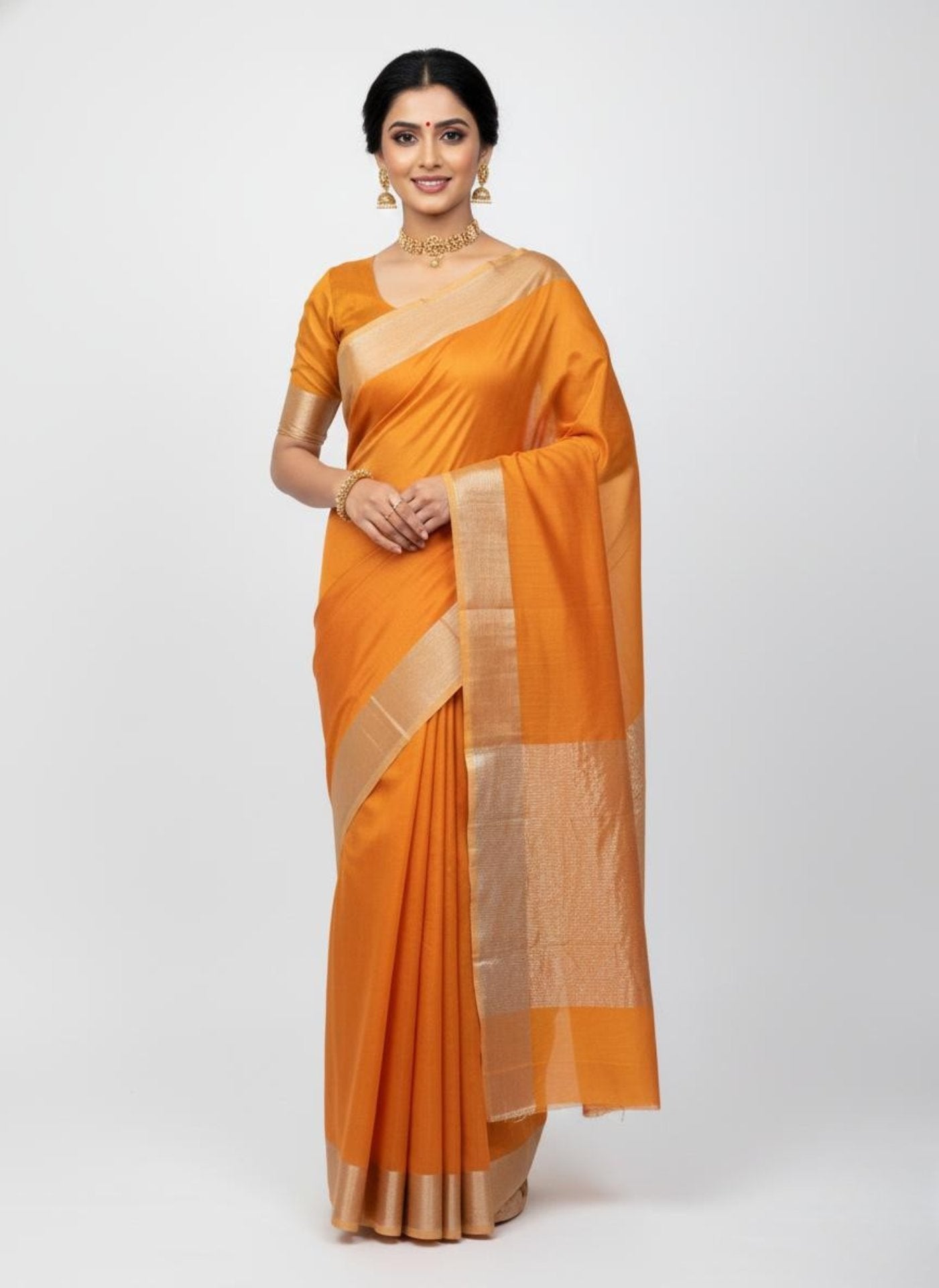 Orange handwoven cotton silk saree with silver border