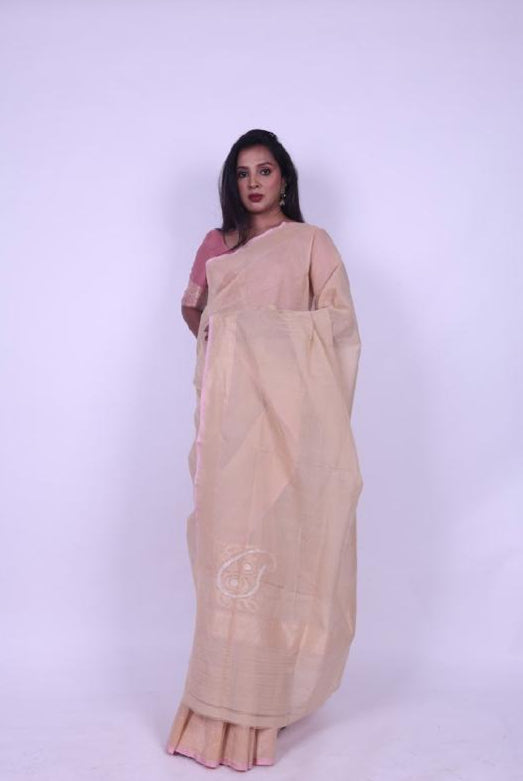 Soft beige pure cotton plain Banarashi saree with Nakashi border,1